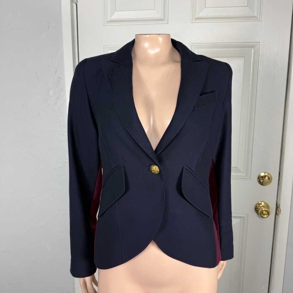 Smythe Women's Jacket 6 Blazer Wool Button Navy Virgin Designer Two tone P24